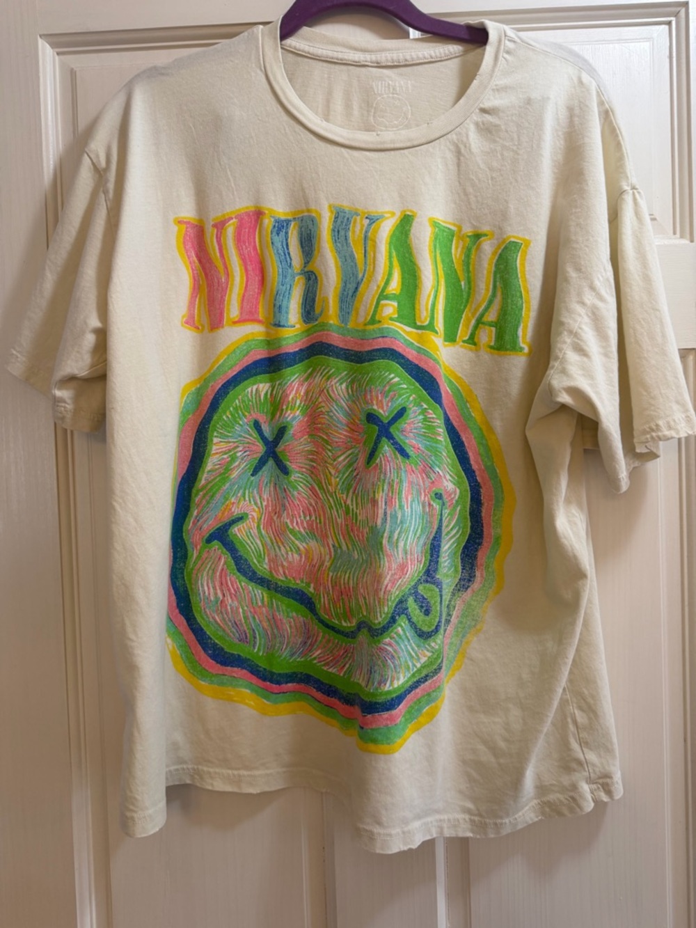 NIRVANA Cream Tee with Neon Multicolor Smiley Graphic
